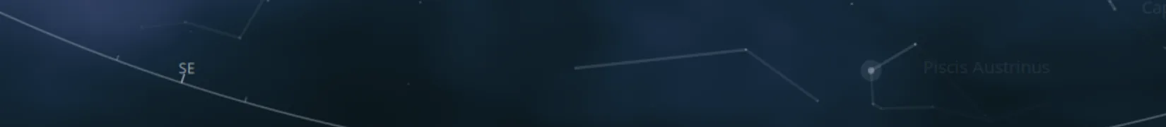 A wide thin strip of the horizon showing the compass bearing SE marked on
                the horizon arc, with the constellation Piscis Austrinus and its star
                Fomalhaut labelled just above it.
