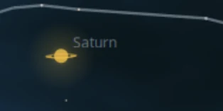Saturn rendered as a small orange disc with its ring ellipse drawn around
                  it, labelled Saturn, against constellation lines.
