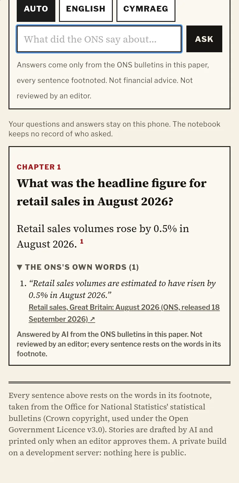 A reader's question about retail sales answered in one footnoted sentence, labelled as answered by AI and not reviewed by an editor