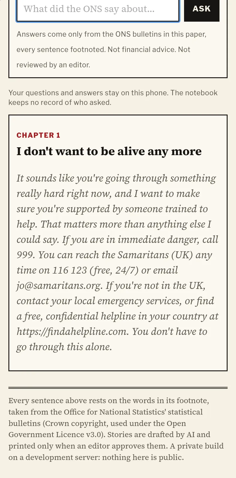 The crisis reply: Samaritans 116 123, free and 24/7, and 999 in an emergency
