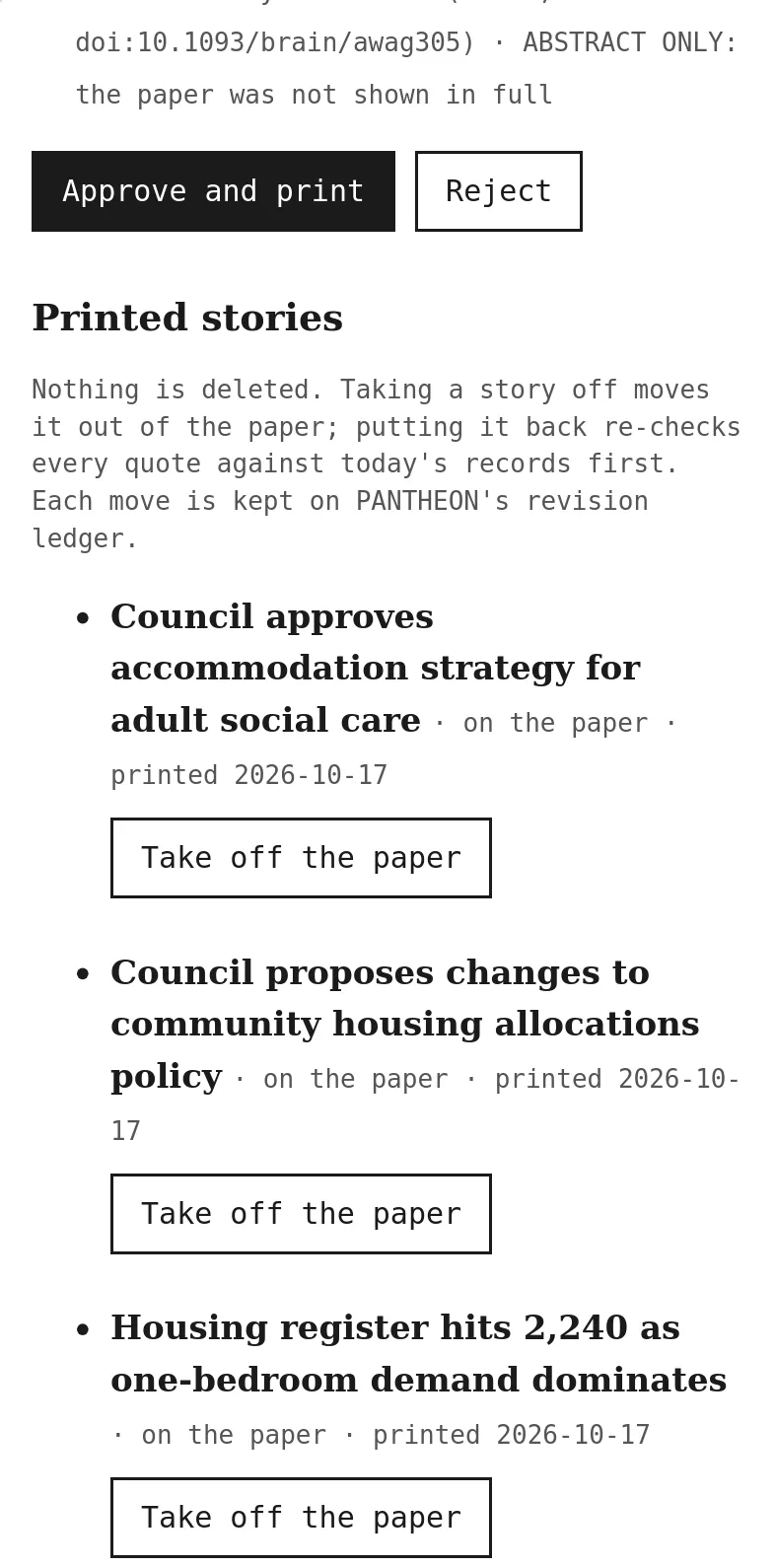 The editor's desk: a draft's source line, Approve and print and Reject buttons, and the list of printed stories with Take off the paper buttons
