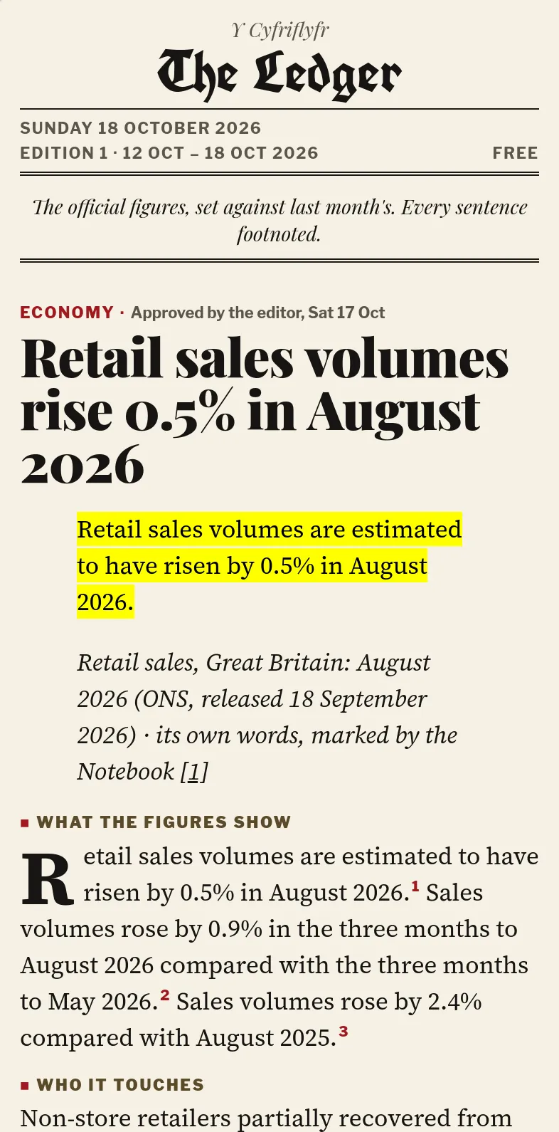 The Ledger's front page on a phone: a retail sales story with its first sentence highlighted as the bulletin's own words