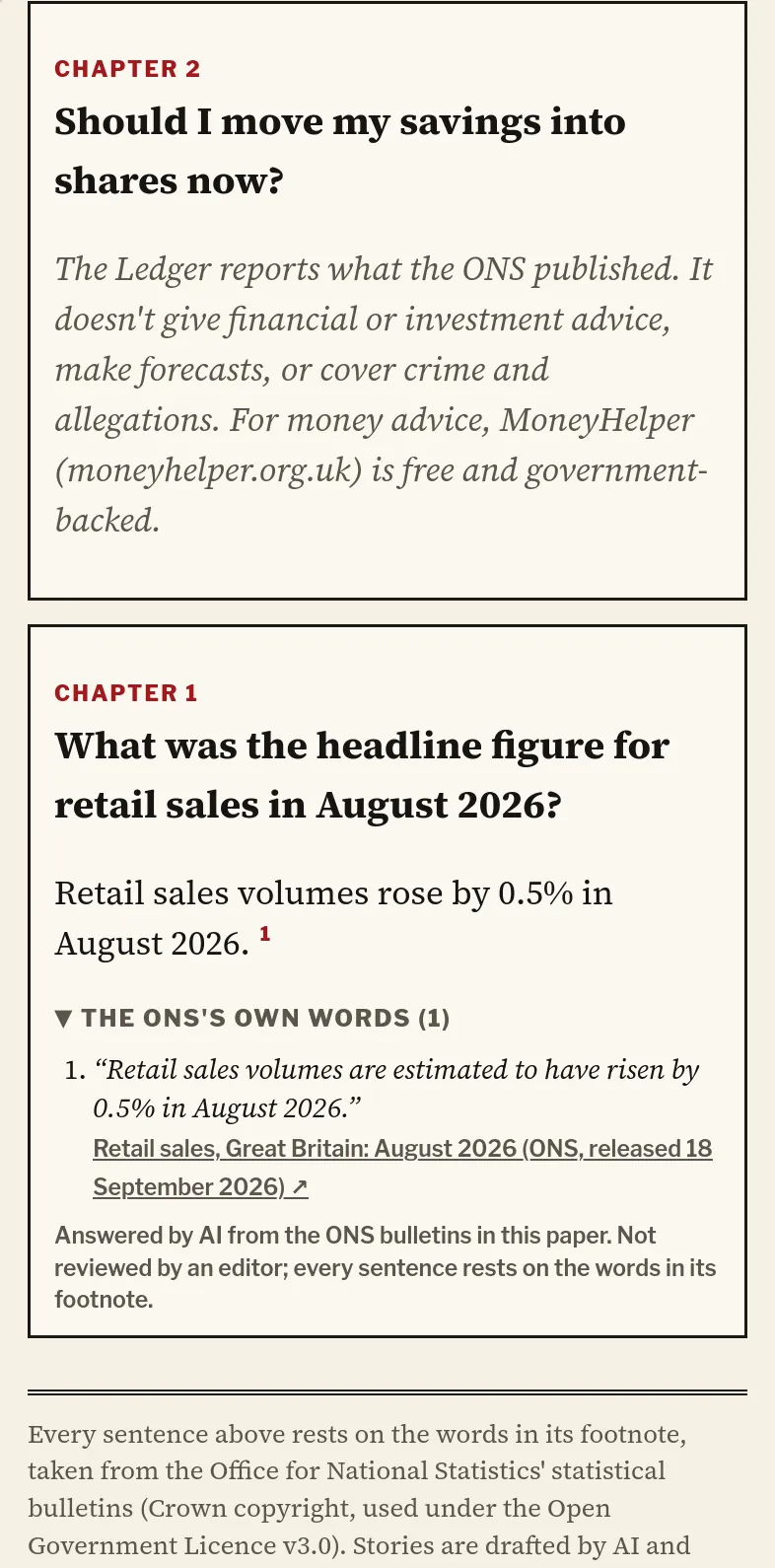 A question asking whether to move savings into shares, refused with a pointer to MoneyHelper